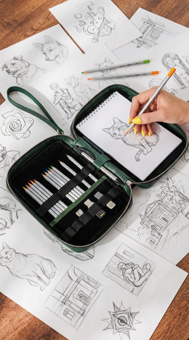 Green Leather Artist Organizer | Sketchbook Travel Case with Pencils | Creative Gift for Artists & Kids | Mureli Bag
