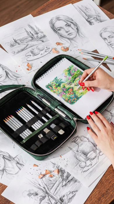 Green Leather Artist Organizer | Sketchbook Travel Case with Pencils | Creative Gift for Artists & Kids | Mureli Bag