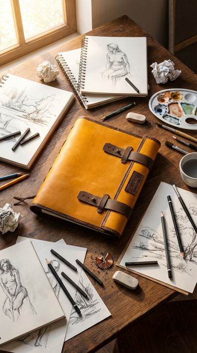 Custom Leather Sketchbook Holder | Large Journal and Sketchbook Organizer