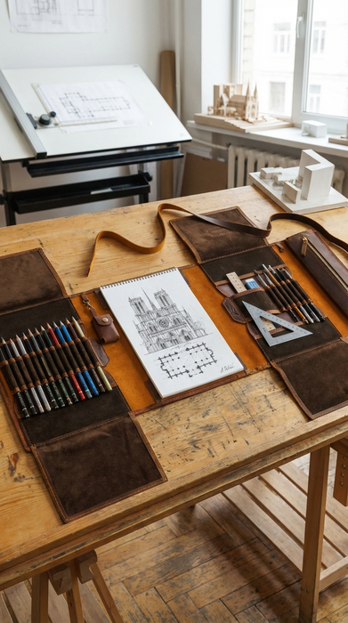 Luxury chocolate brown leather art organizer by Mureli