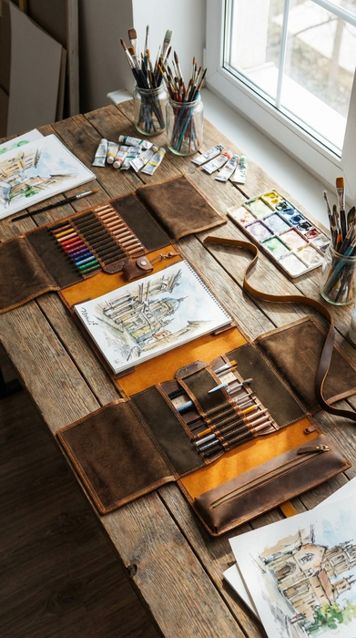 Luxury chocolate brown leather art organizer by Mureli