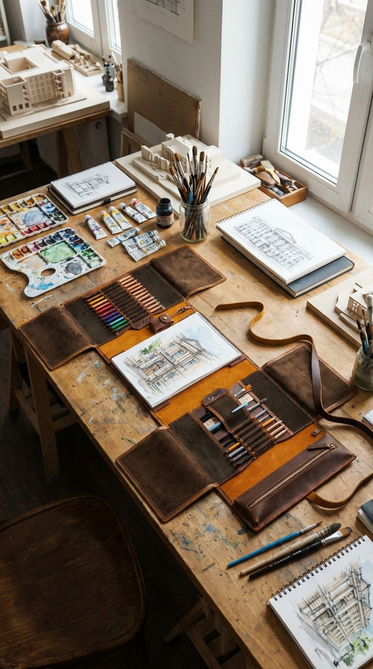 Luxury chocolate brown leather art organizer by Mureli