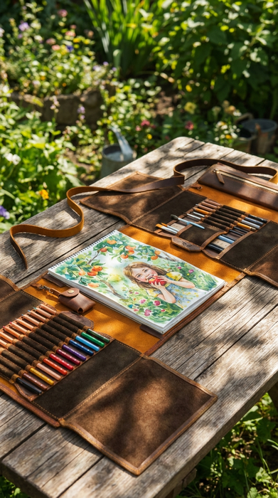 Luxury ginger leather art organizer by Mureli