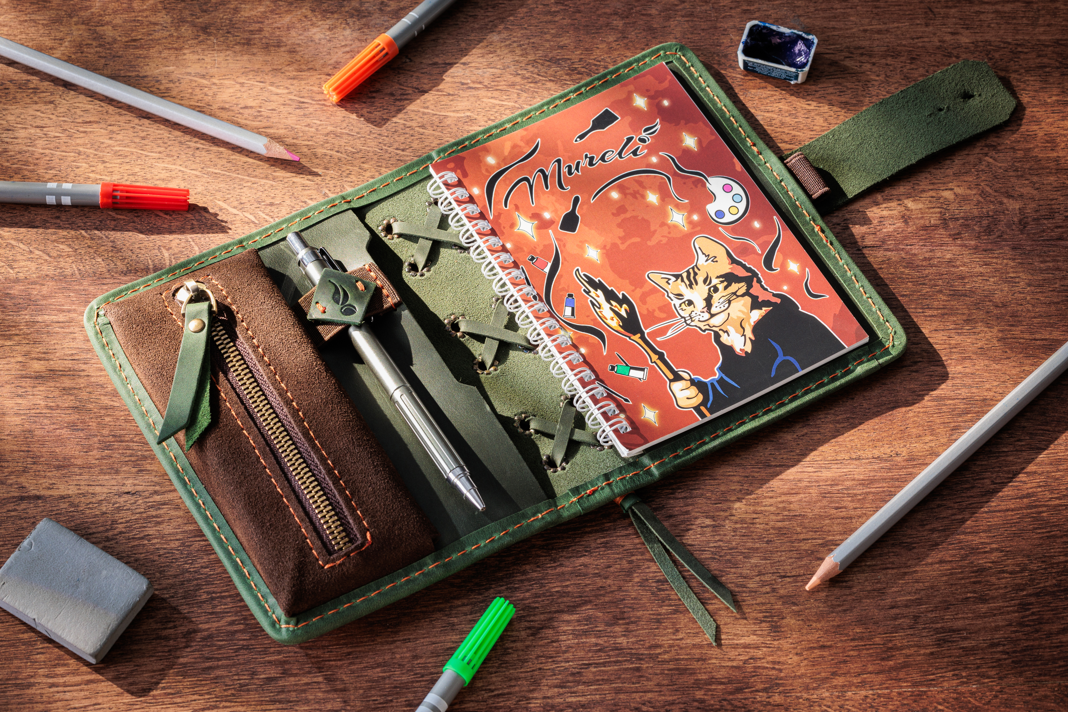 Green Personalized Leather Mini Sketchbook Set — A6 Landscape — Mini Pocket-Size
