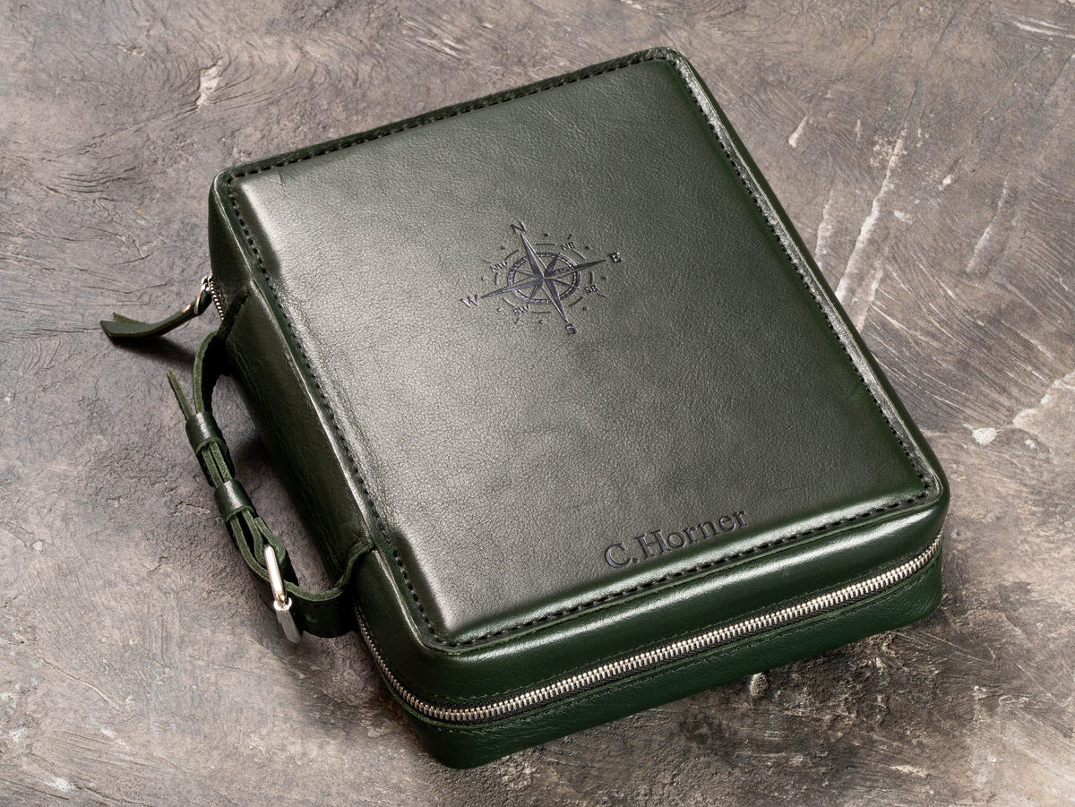 1. Closed Dark Green leather travel organizer case with zip-around closure and leather carry handle
