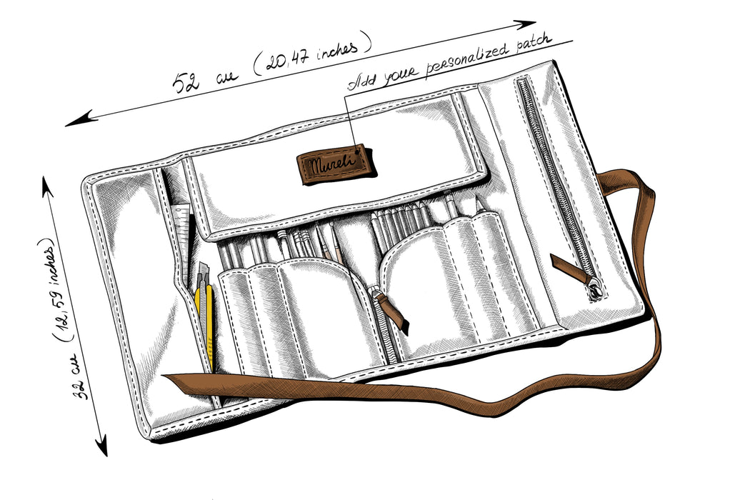 Illustration of a white case with brown accents and a personalized watch, showing dimensions on a white background.
