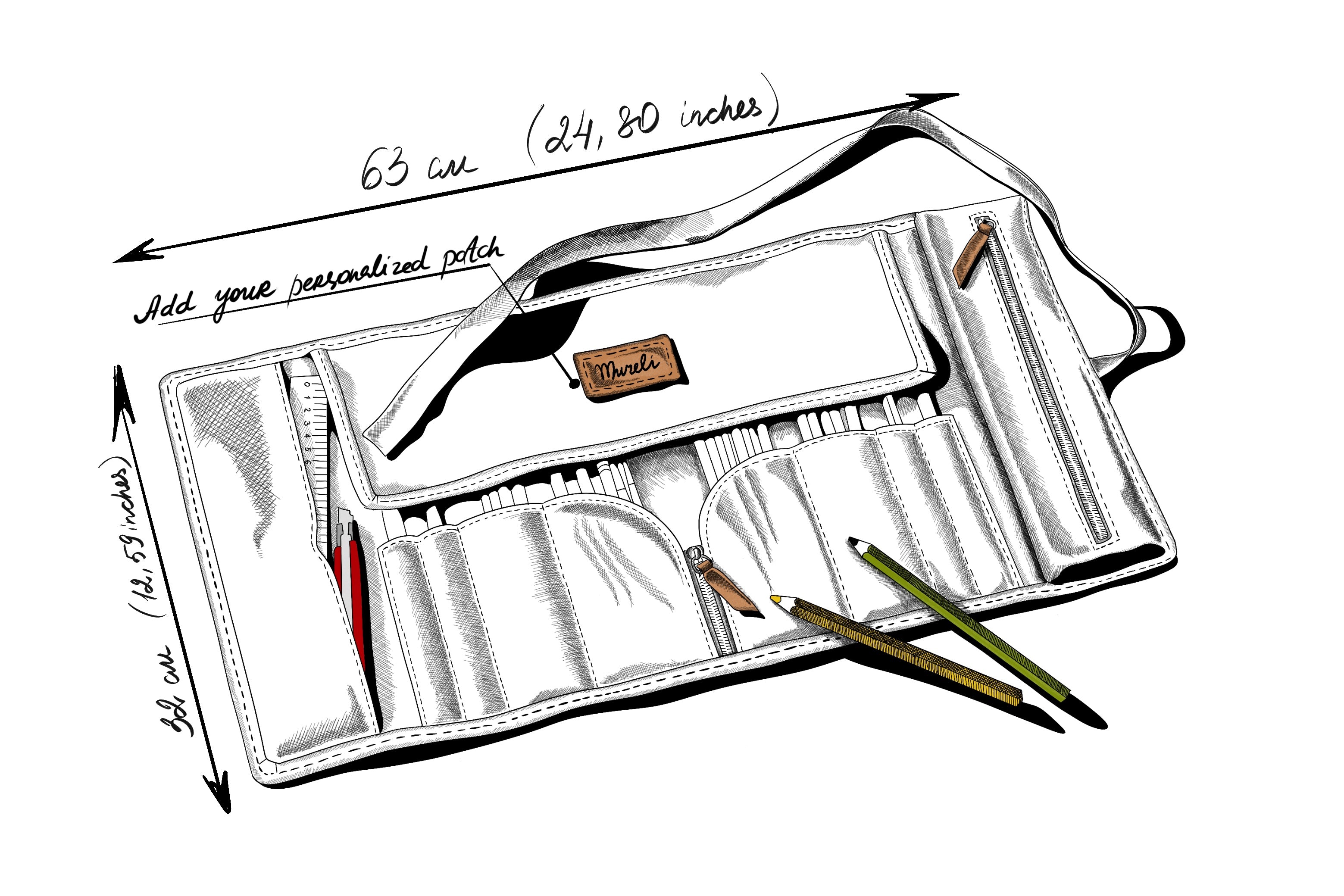 Illustration of a white pencil case with compartments and a personalized patch, with dimensions and pen illustrations.