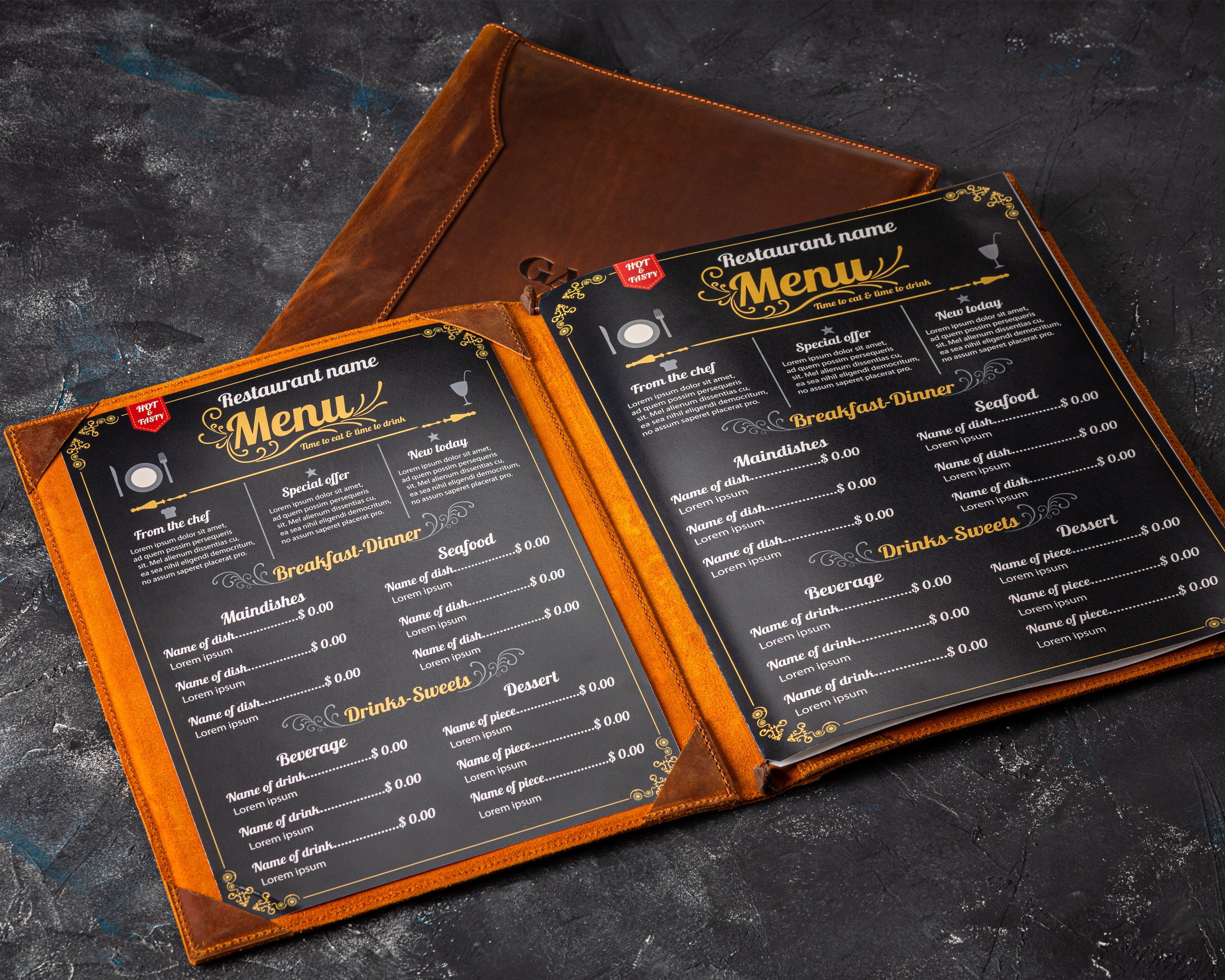 Handmade Leather Menu Cover with 4 Corner Page Holders, Premium Quality, Available in 8.5 x 5.5, A5, 8.5 x 11, A4, 8.5 x 14