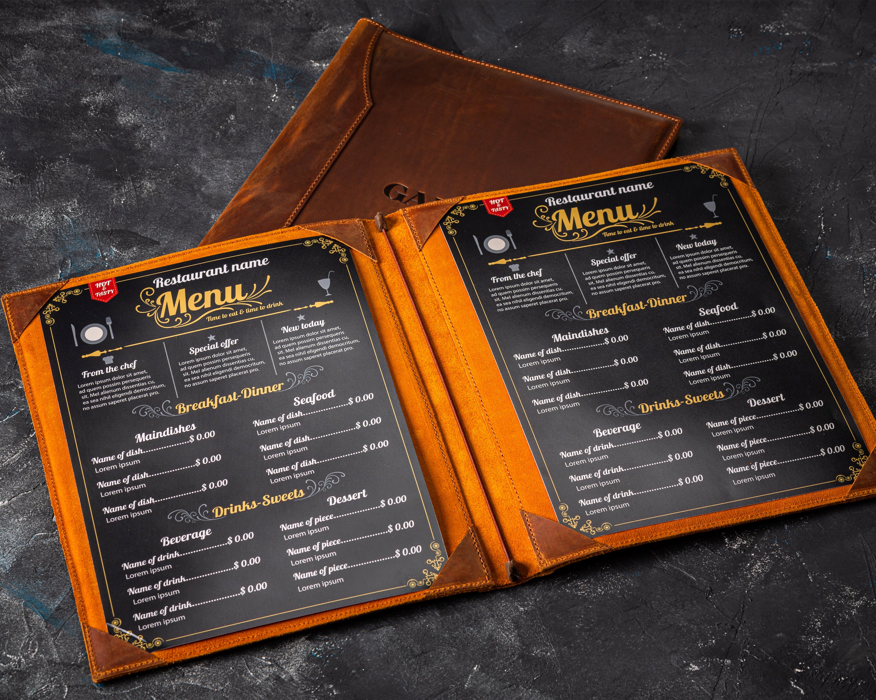 Handmade Leather Menu Cover with 4 Corner Page Holders, Premium Quality, Available in 8.5 x 5.5, A5, 8.5 x 11, A4, 8.5 x 14