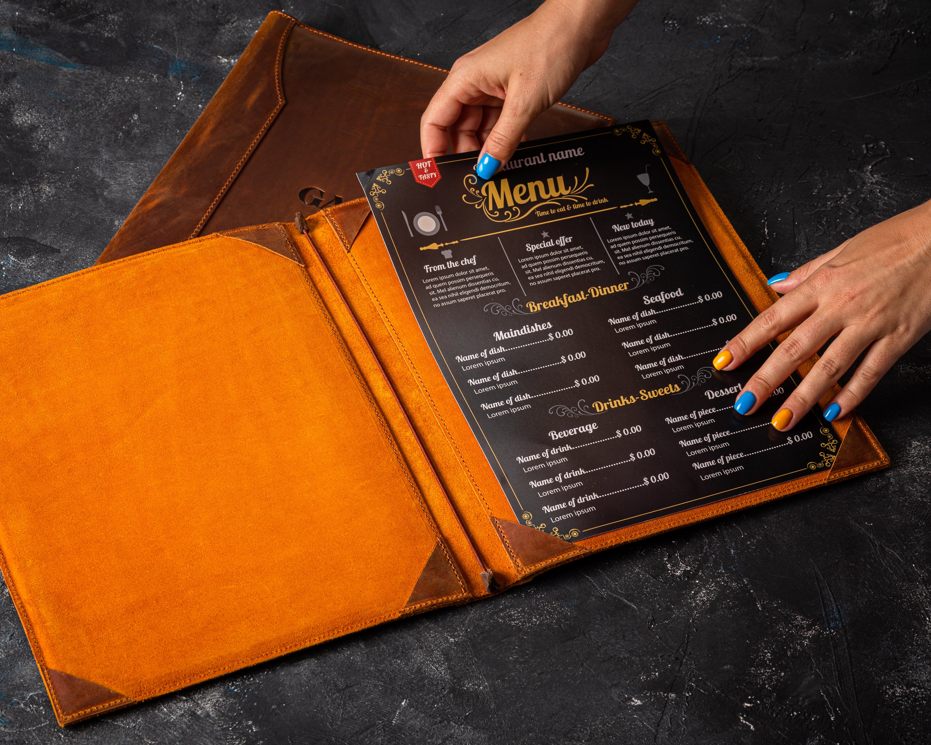 Handmade Leather Menu Cover with 4 Corner Page Holders, Premium Quality, Available in 8.5 x 5.5, A5, 8.5 x 11, A4, 8.5 x 14