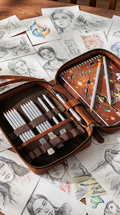 Cognac Leather Artist Organizer | Handmade Drawing Kit with Pencils & Sketchbook | Mureli Creative Gift