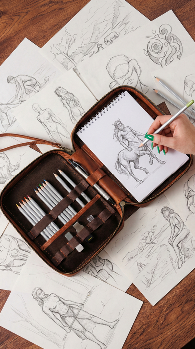 Cognac Leather Artist Organizer | Handmade Drawing Kit with Pencils & Sketchbook | Mureli Creative Gift