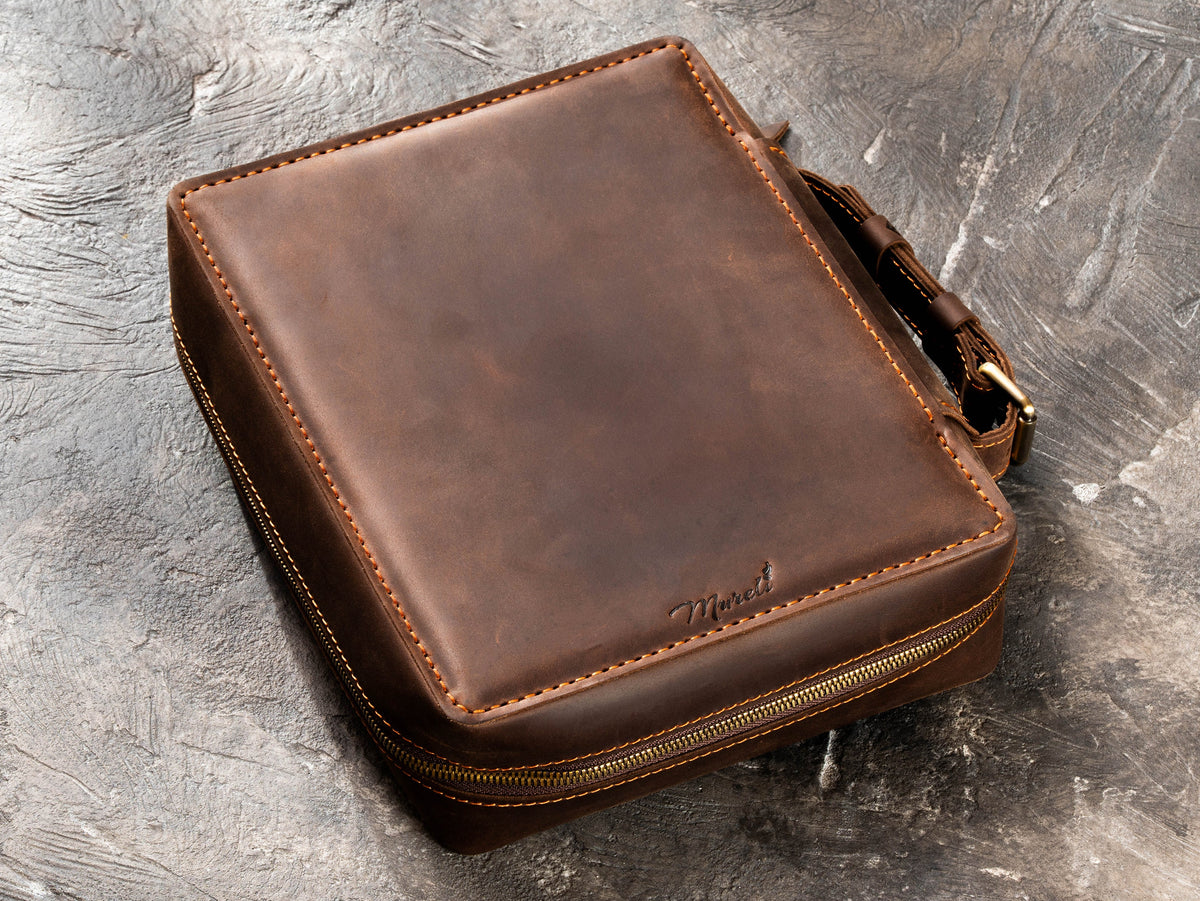 Closed Milk Chocolate Brown leather travel organizer case with hand saddle stitching and zip-around closure
