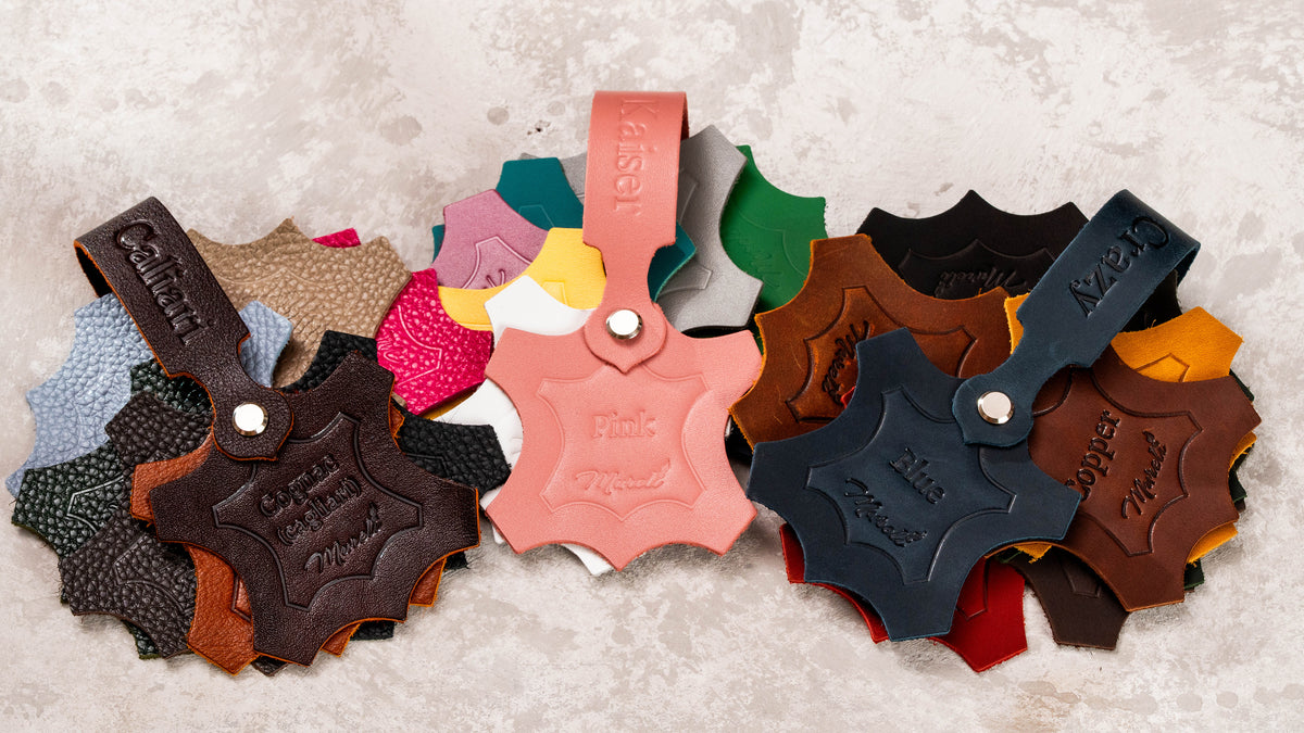 Leather color swatches and embossing samples for custom restaurant menu covers and branded hospitality accessories