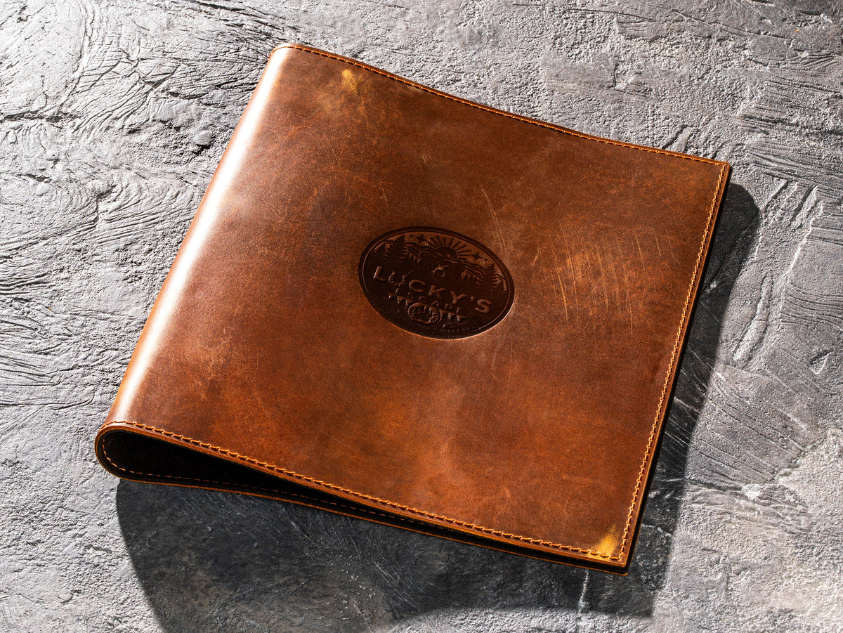 Chestnut Crazy Horse leather 3-ring binder with custom logo personalization for business and corporate projects