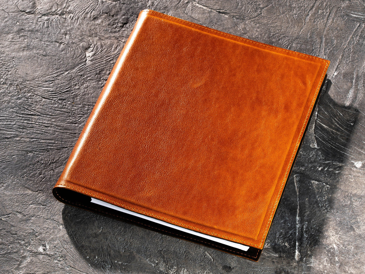 Camel leather 3-ring business binder with oversized cover for documents and presentation materials