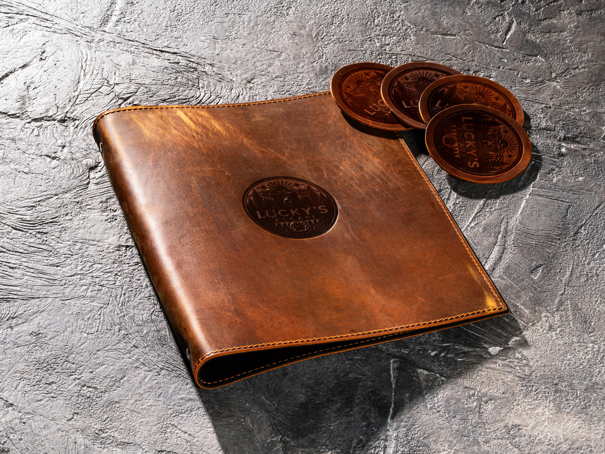 Personalized Chestnut leather binder and four matching logo coasters corporate gift set