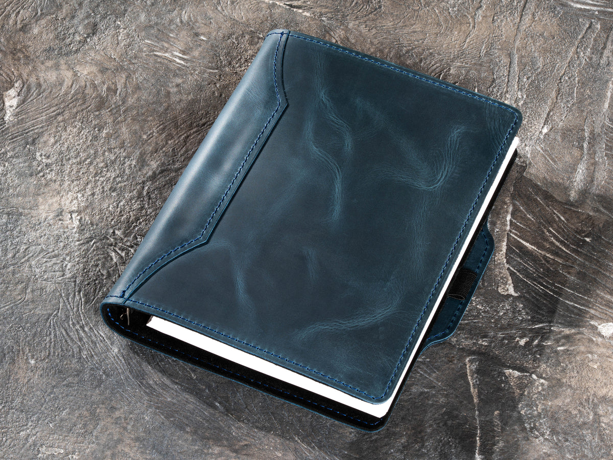 Deep Blue personalized leather business notebook shown at an angle