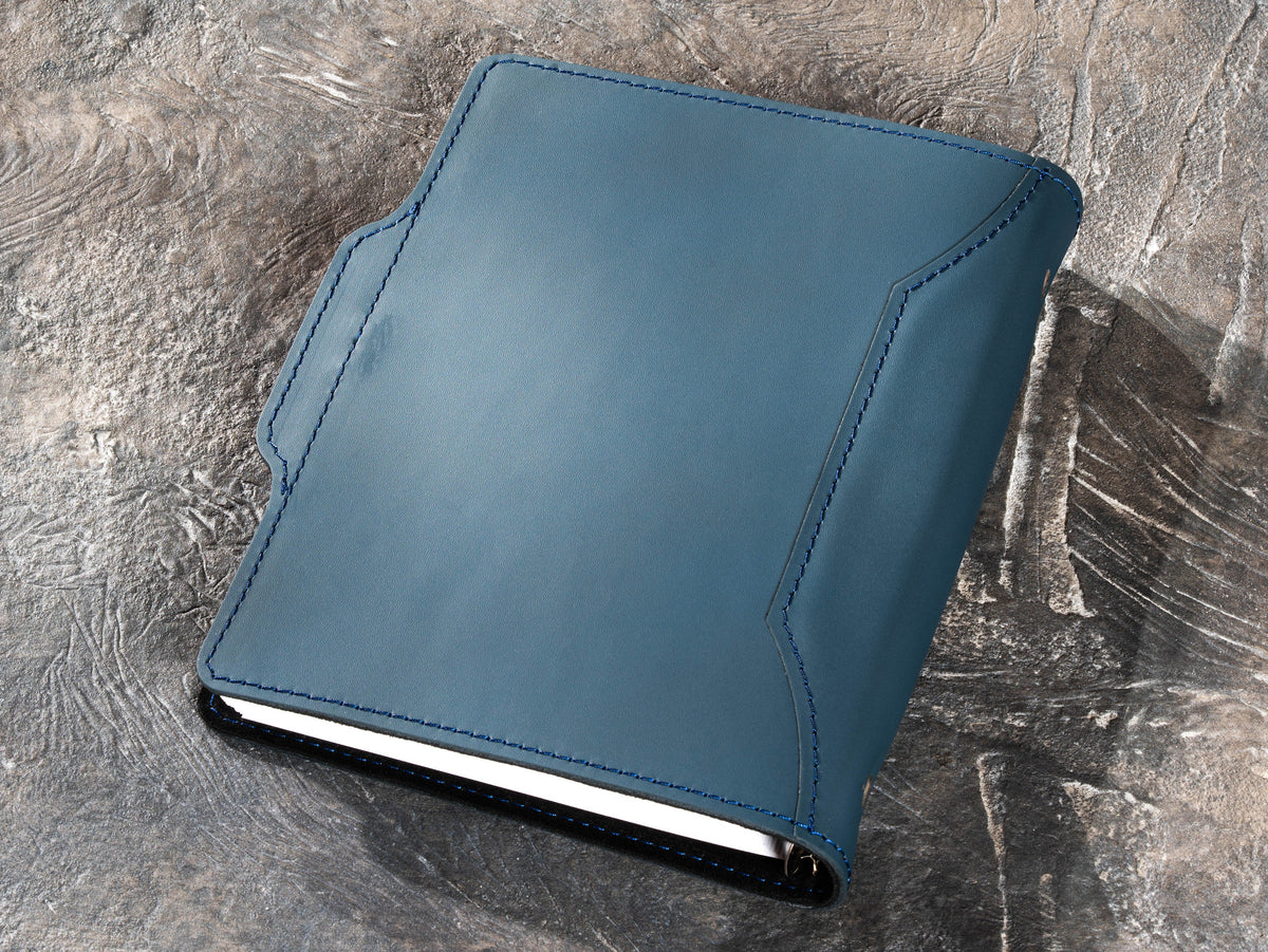 Back view of Slate Blue leather corporate notebook with smooth finished surface