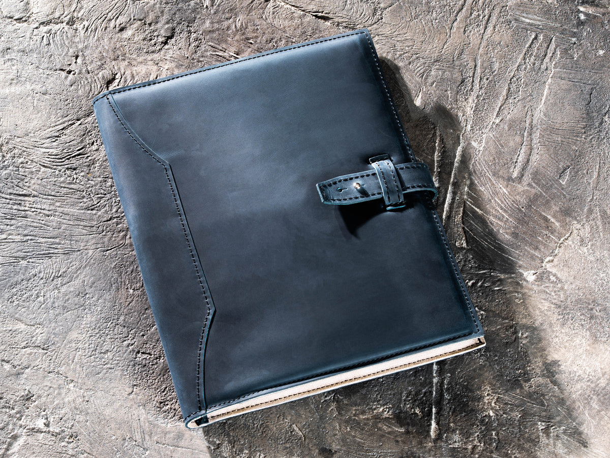 Navy Blue personalized Crazy Horse leather portfolio and padfolio with strap closure