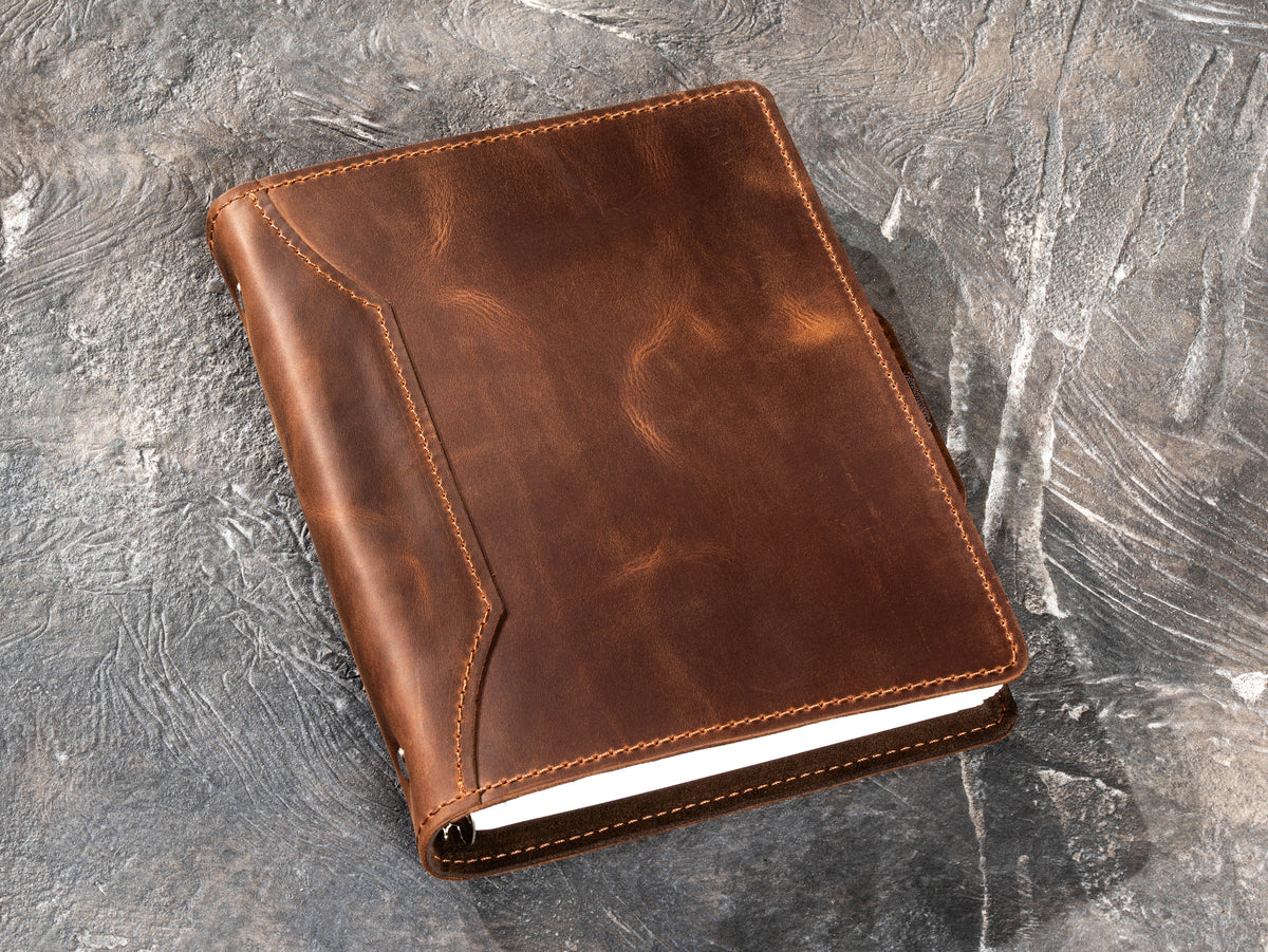 Milk Chocolate leather refillable notebook with stitched cover and A5 paper insert