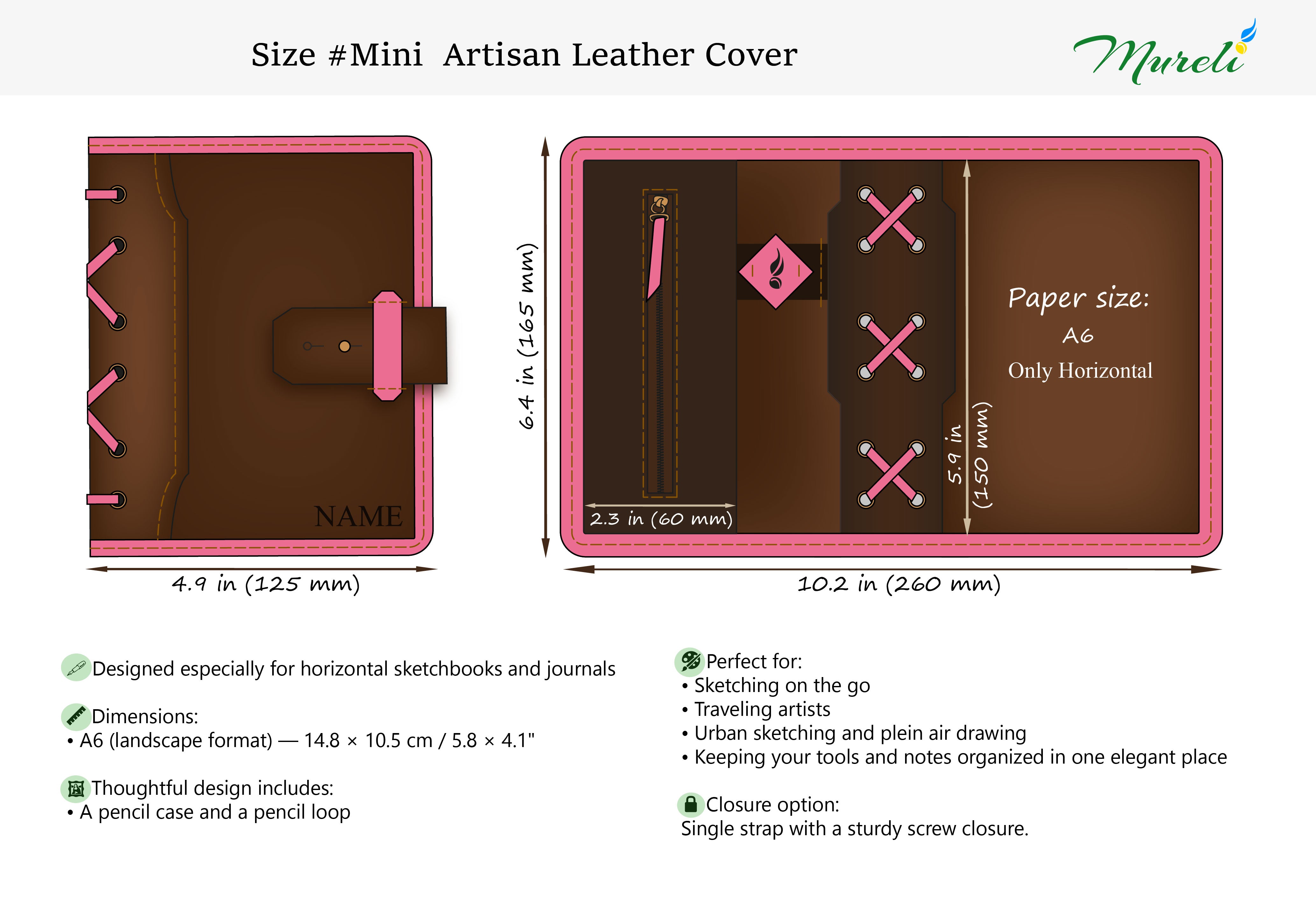 Green Personalized Leather Mini Sketchbook Set — A6 Landscape — Mini Pocket-Size