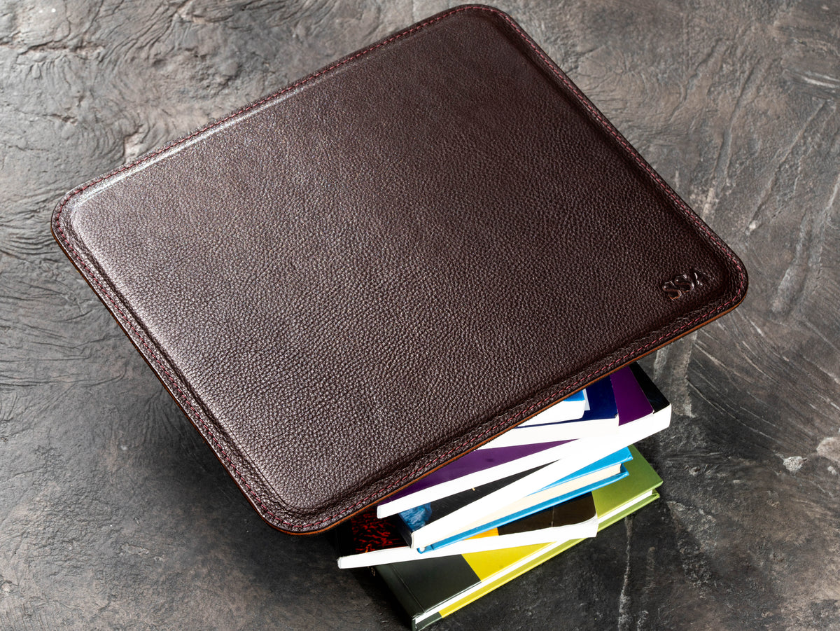 Dark Cognac leather mouse pad with personalized initials and stitched rounded edges