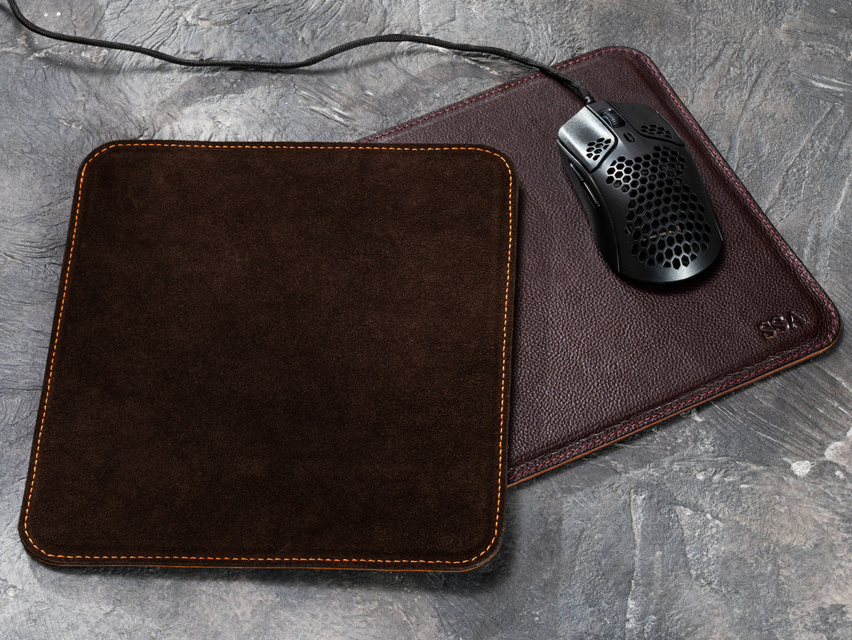 1. Dark brown suede underside of leather mouse pad with Dark Cognac personalized mouse mat and computer mouse