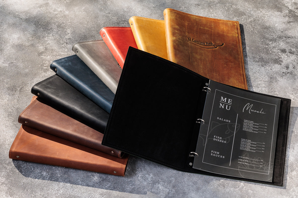 Custom leather 3-ring restaurant menu binders in multiple colors with open ring mechanism and menu pages