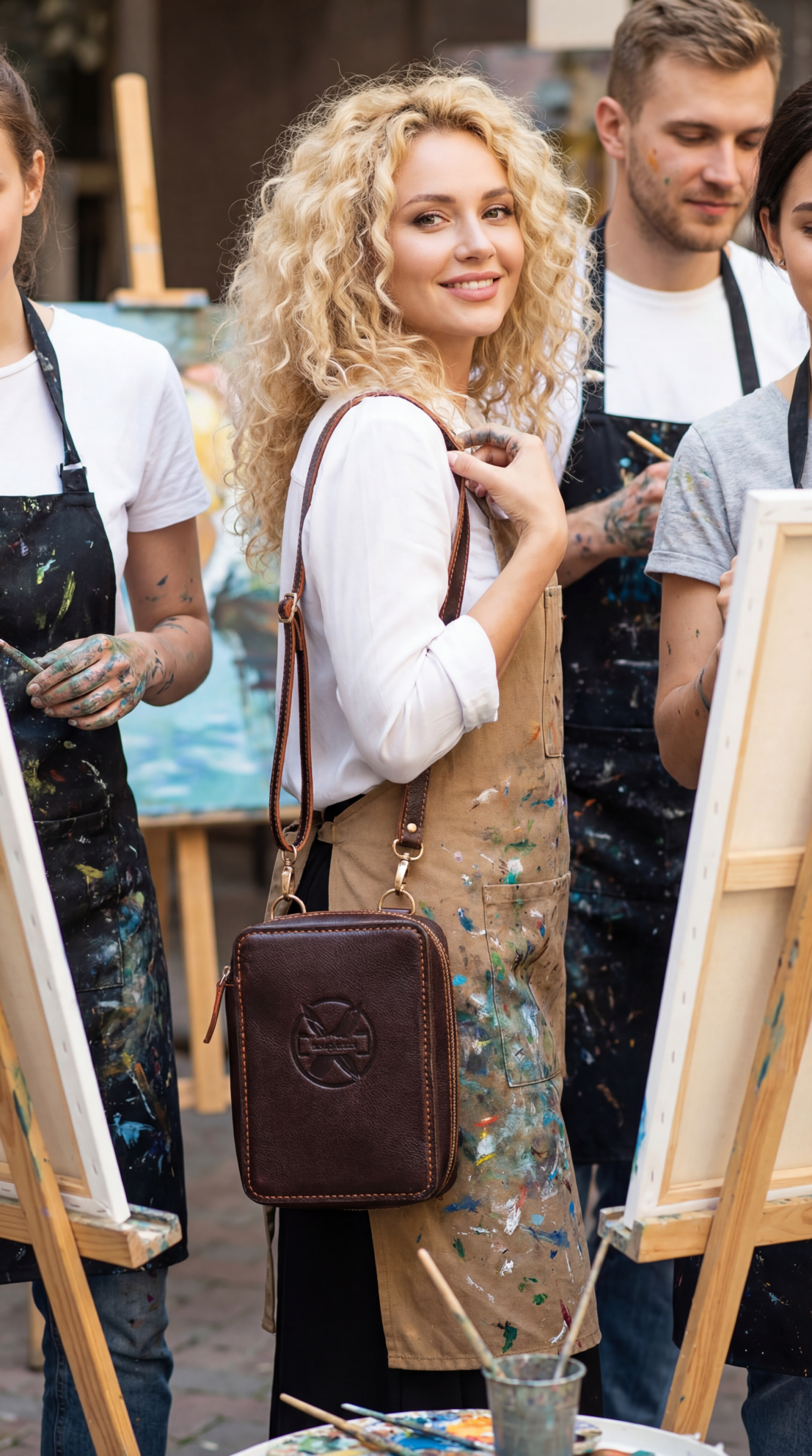 Handmade Leather Art Bag with Brush Holders | Personalized Artist Gift | Travel Sketchbook Organizer for Drawing Supplies