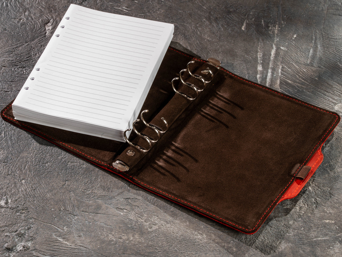 1. Red leather notebook size and personalization guide for A5 and 8.5 x 5.5 pages