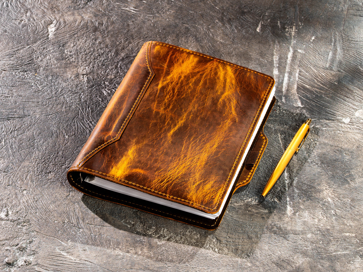 Chestnut Crazy Horse refillable leather business notebook for A5 and 8.5 x 5.5 pages with gold pen