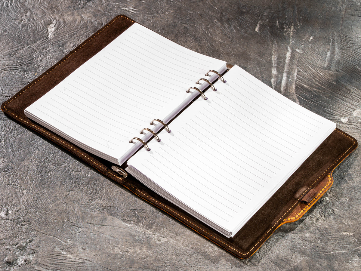 Open Chestnut Crazy Horse leather business notebook with refillable lined pages and ring mechanism
