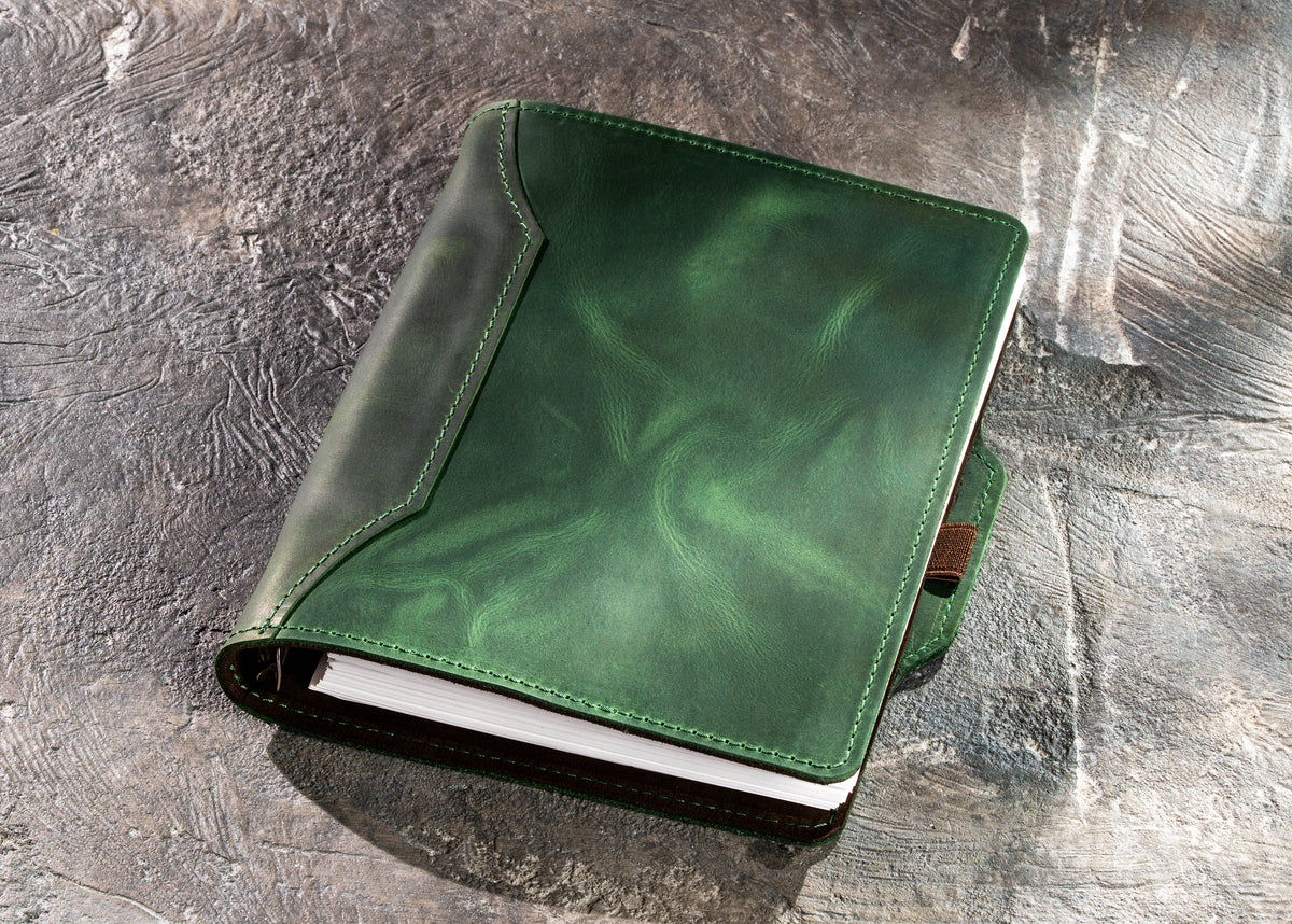 Green personalized leather business notebook for A5 and 8.5 x 5.5 pages