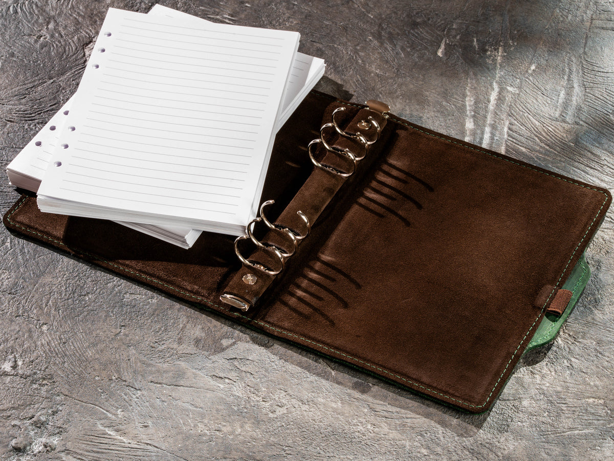 Green leather business notebook with removable lined pages for A5 and 8.5 x 5.5 format