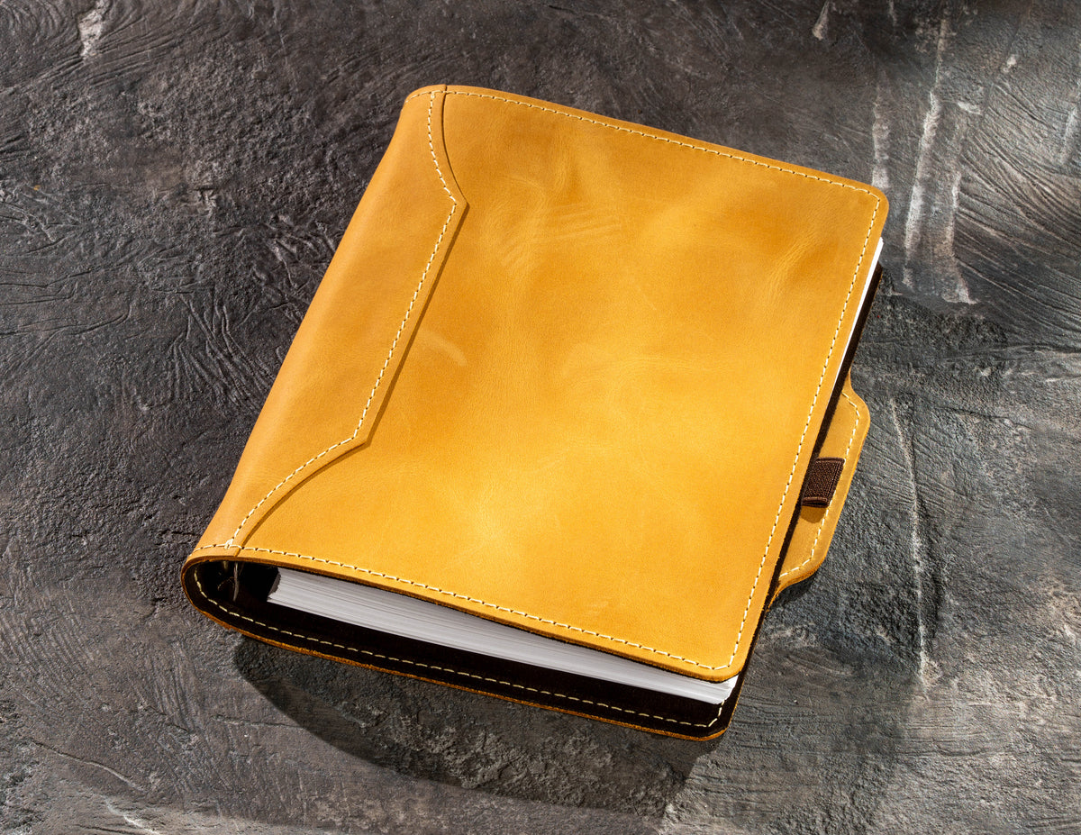 Yellow genuine leather refillable business notebook for A5 and 8.5 x 5.5 paper, closed front cover