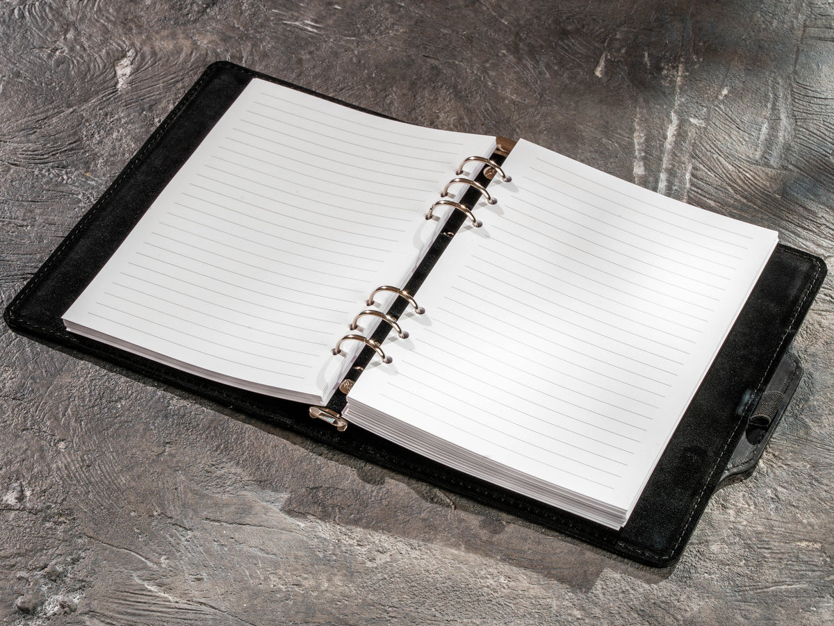 Back view of black Crazy Horse leather notebook, refillable journal cover for A5 and 8.5 x 5.5 paper
