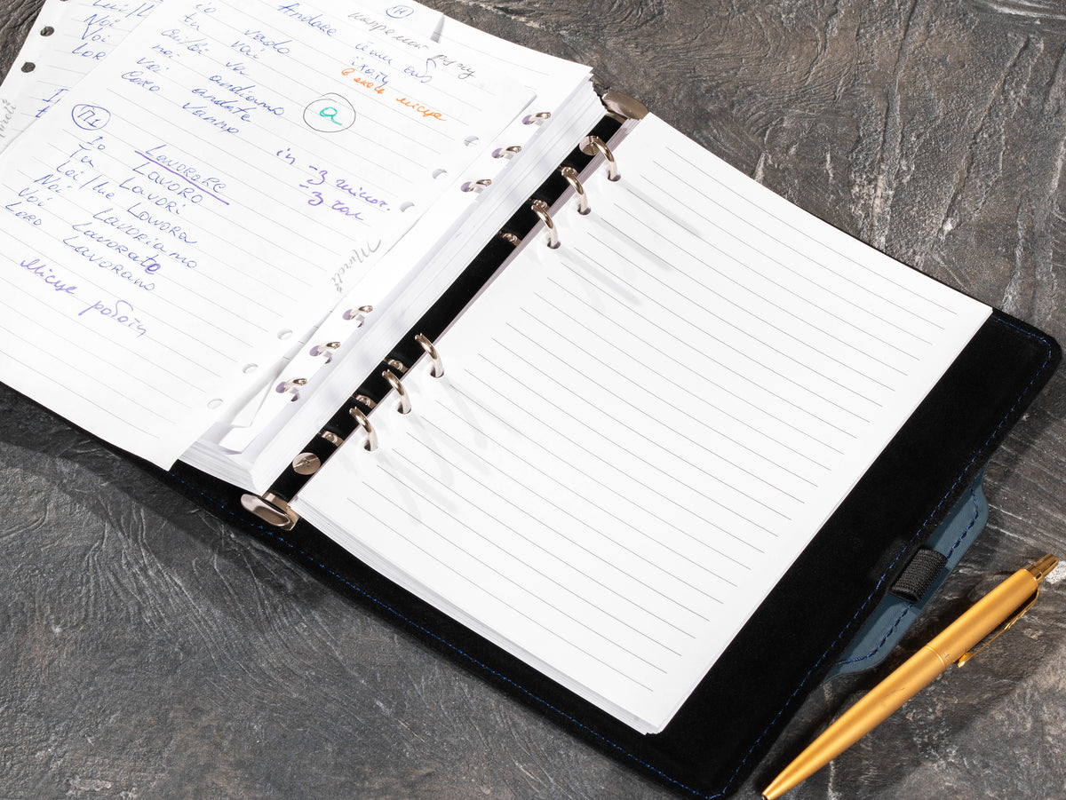 Slate Blue refillable business notebook with lined pages and gold pen