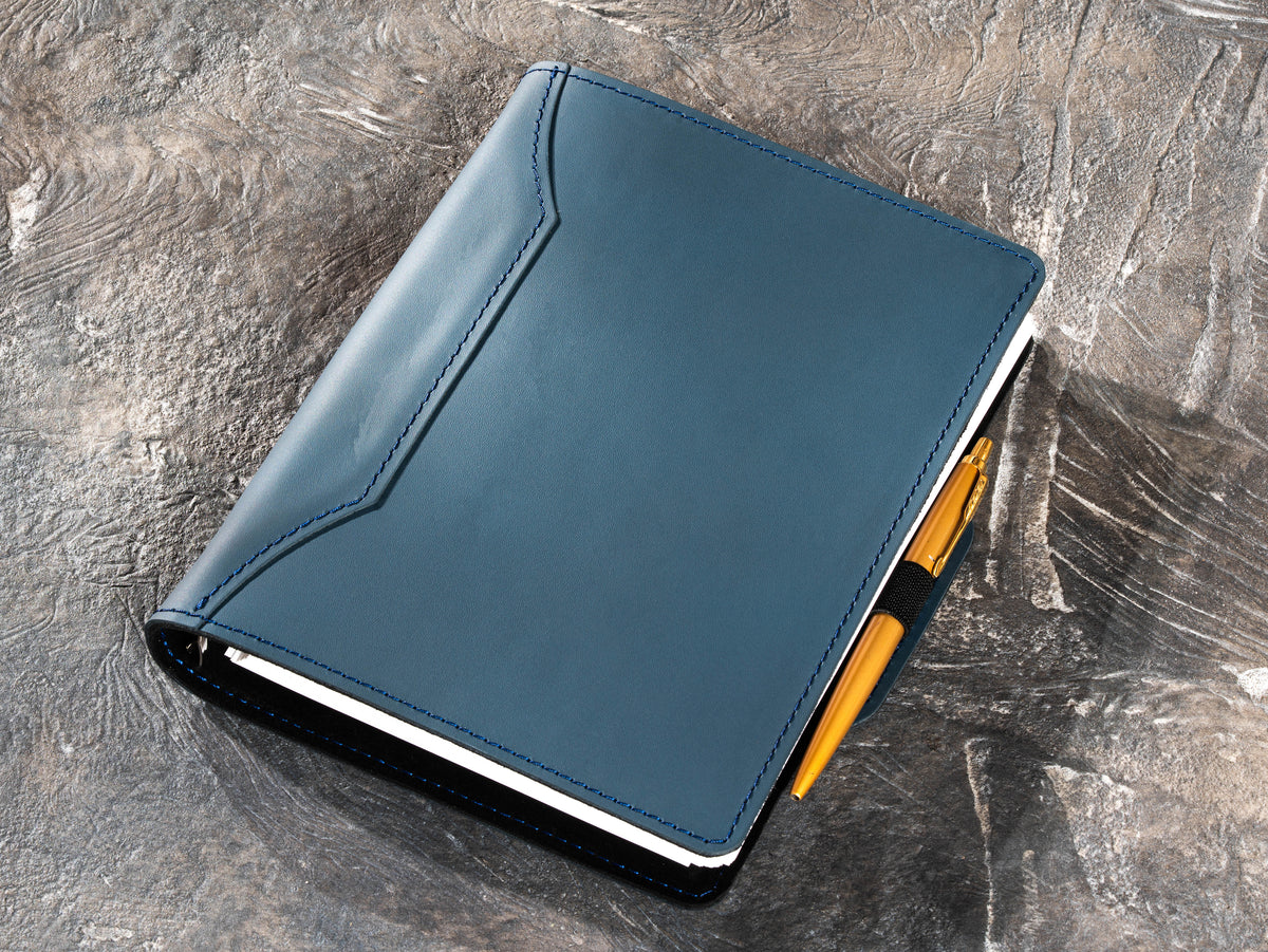 Slate Blue refillable leather notebook with elastic pen loop for business use
