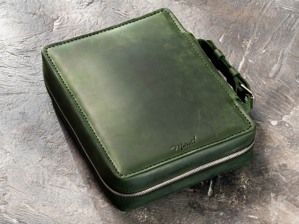 Closed Forest Green leather outdoor travel organizer with zip-around closure, carry handle and hand-stitched edges