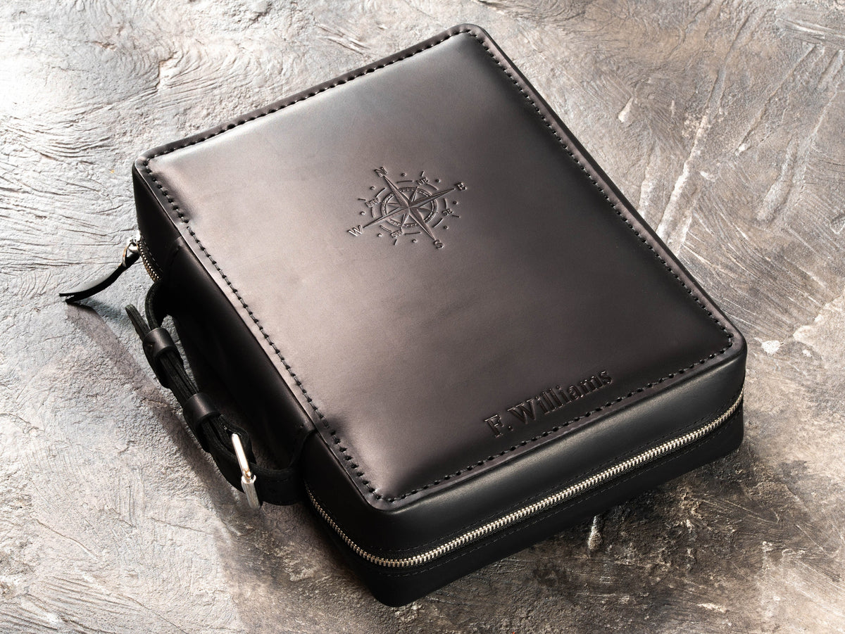 Personalized Black leather travel organizer case with embossed compass, initials and hand saddle stitching