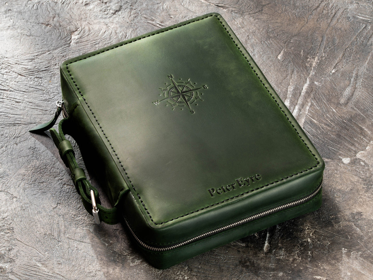 Personalized Forest Green leather travel organizer case with embossed compass, name and hand saddle stitching