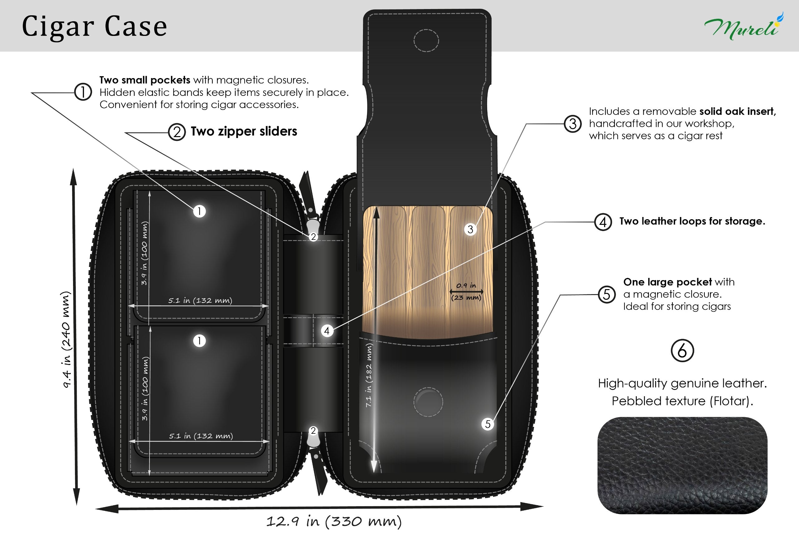 Personalized Black Floater Leather Travel Cigar Case – Lightweight, Durable & Removable Oak Tray | Mureli