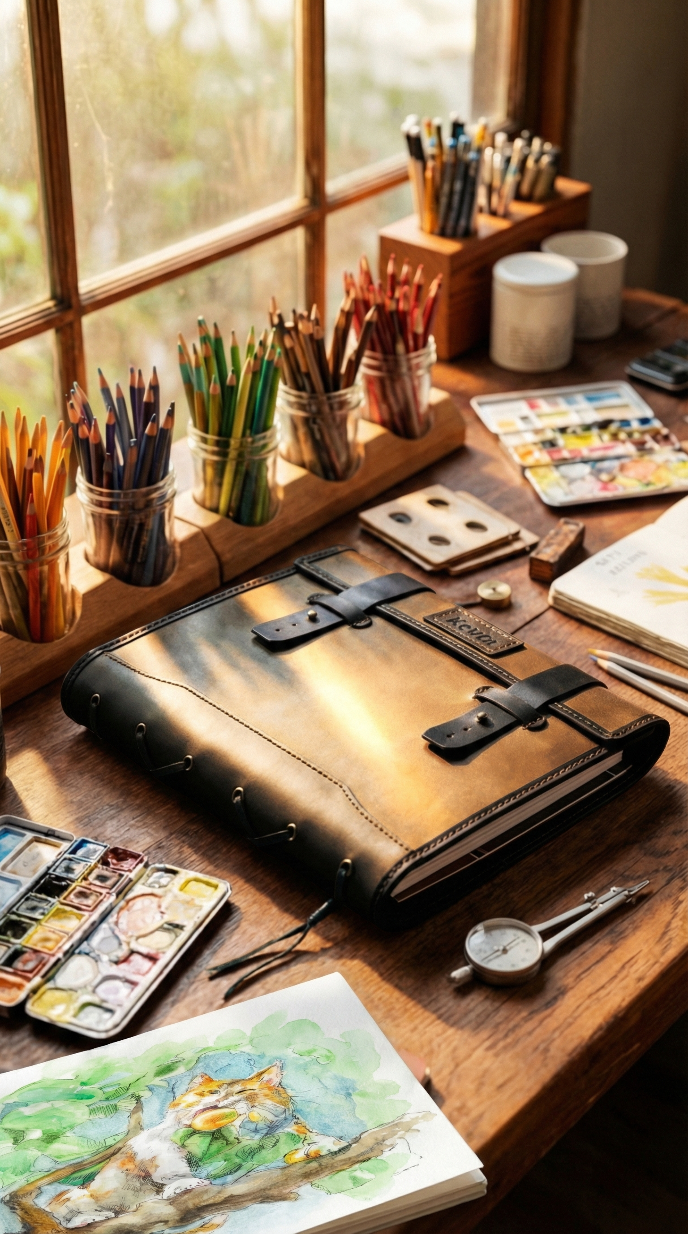 Personalized Leather Sketchbook Organizer | La Vita Collection: Full Black Leather Organizer | A4/9×12 – Personalized Artist Gift by Mureli