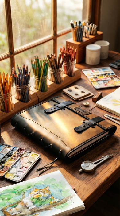 Personalized Leather Sketchbook Organizer | La Vita Collection: Full Black Leather Organizer | A4/9×12 – Personalized Artist Gift by Mureli