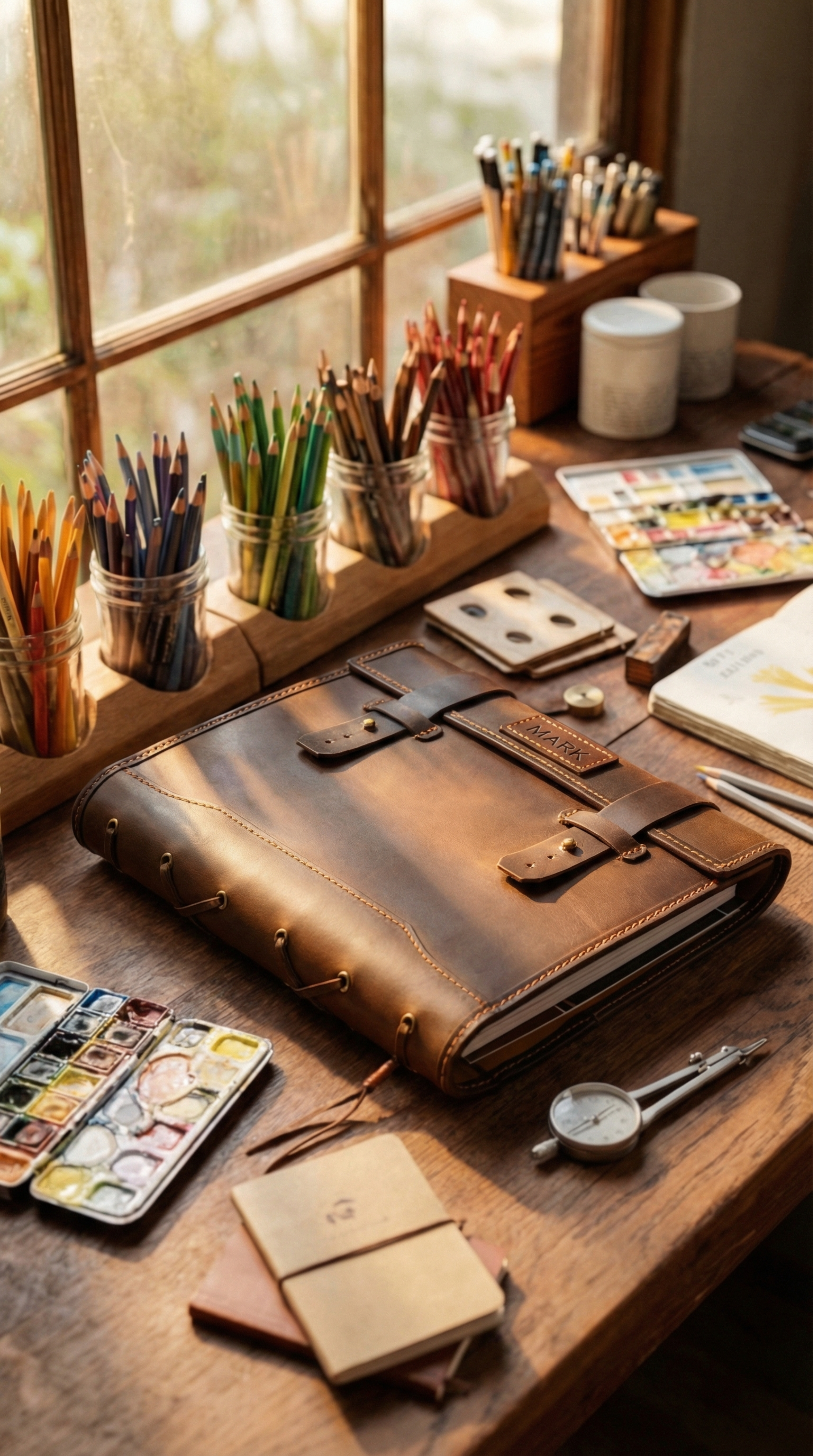 Personalized Leather Sketchbook Organizer | La Vita by Mureli — Classic Brown Leather Sketchbook Organizer | A4/9×12 – Personalized Artist Gift by Mureli