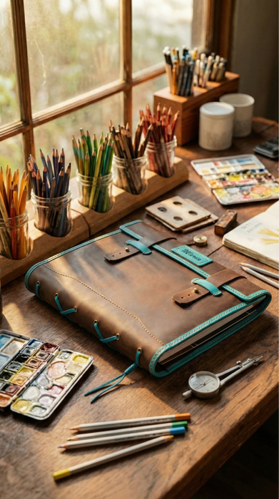 Personalized Leather Sketchbook Organizer | Brown Leather Sketchbook with Turquoise Trim | La Vita by Mureli | A4/9×12