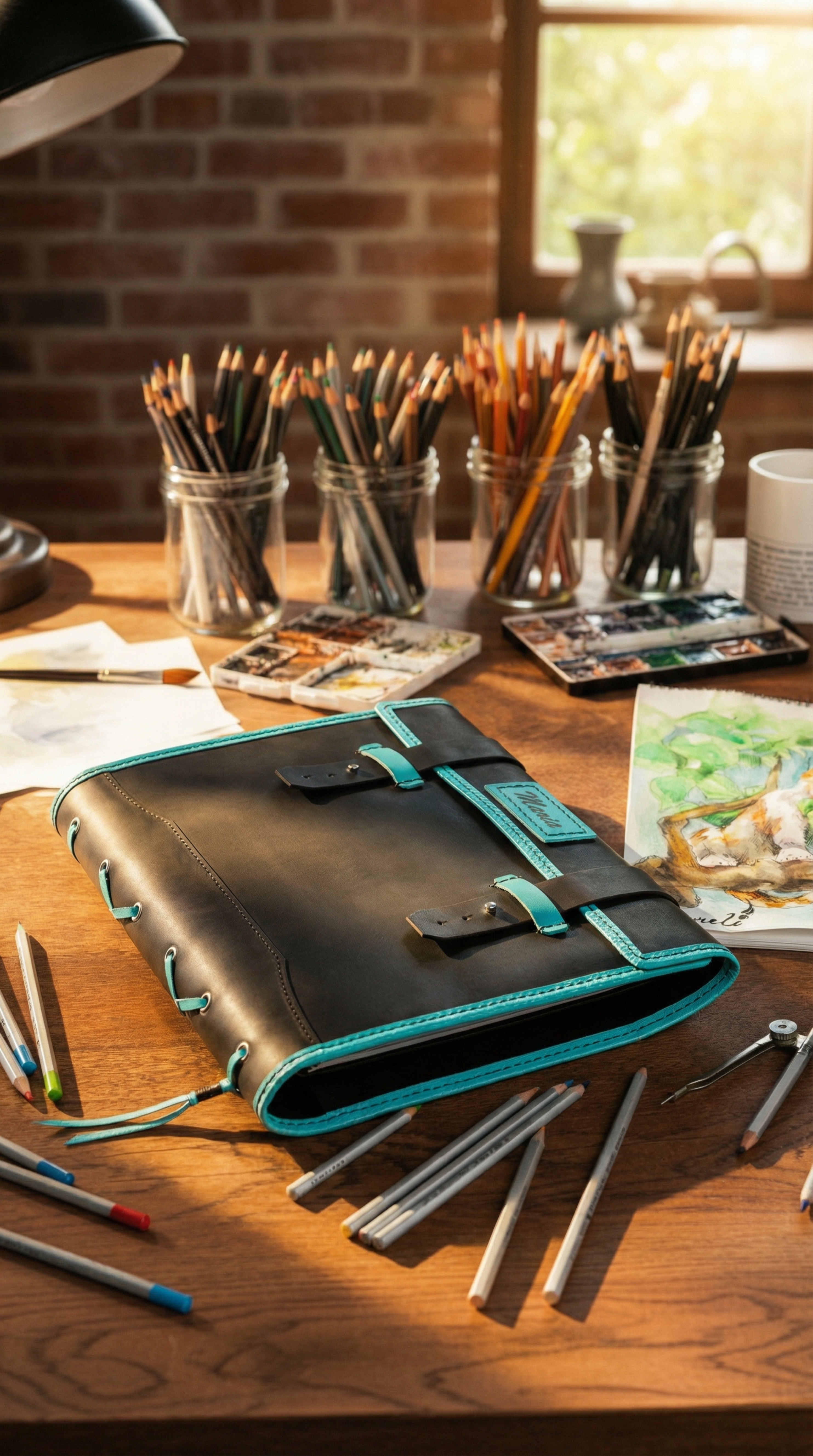 Personalized Leather La Vita Sketchbook — Black & Mint Edition  | A4/9×12 – Personalized Artist Gift by Mureli