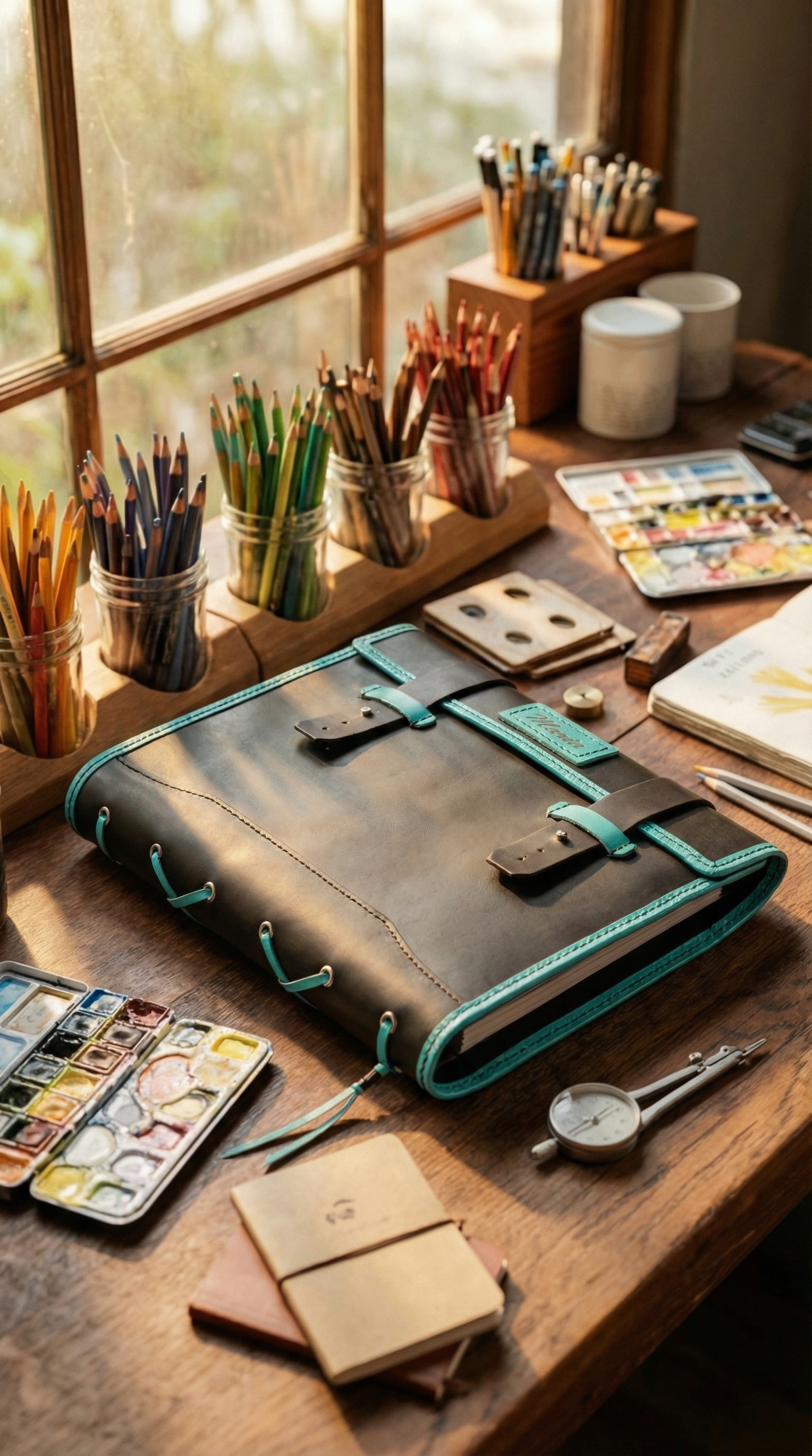 Personalized Leather La Vita Sketchbook — Black & Mint Edition  | A4/9×12 – Personalized Artist Gift by Mureli