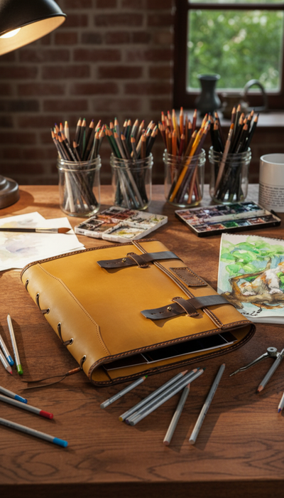 Golden Yellow Leather Sketchbook – Personalized Artist Organizer – Handmade Gift for Creatives by Mureli | A4 or 8.5x11 or 9×12